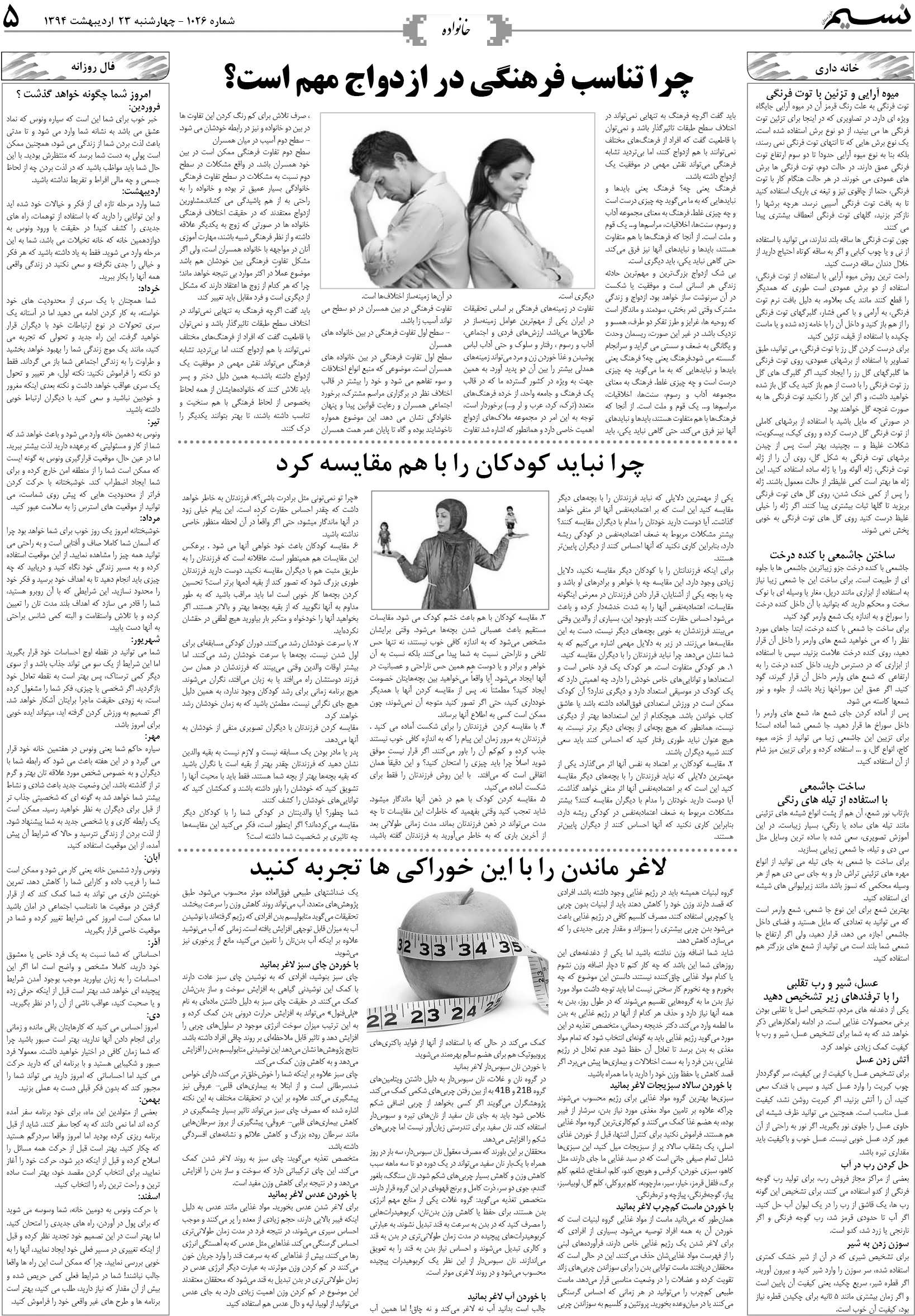 صفحه خانواده روزنامه نسیم شماره 1026