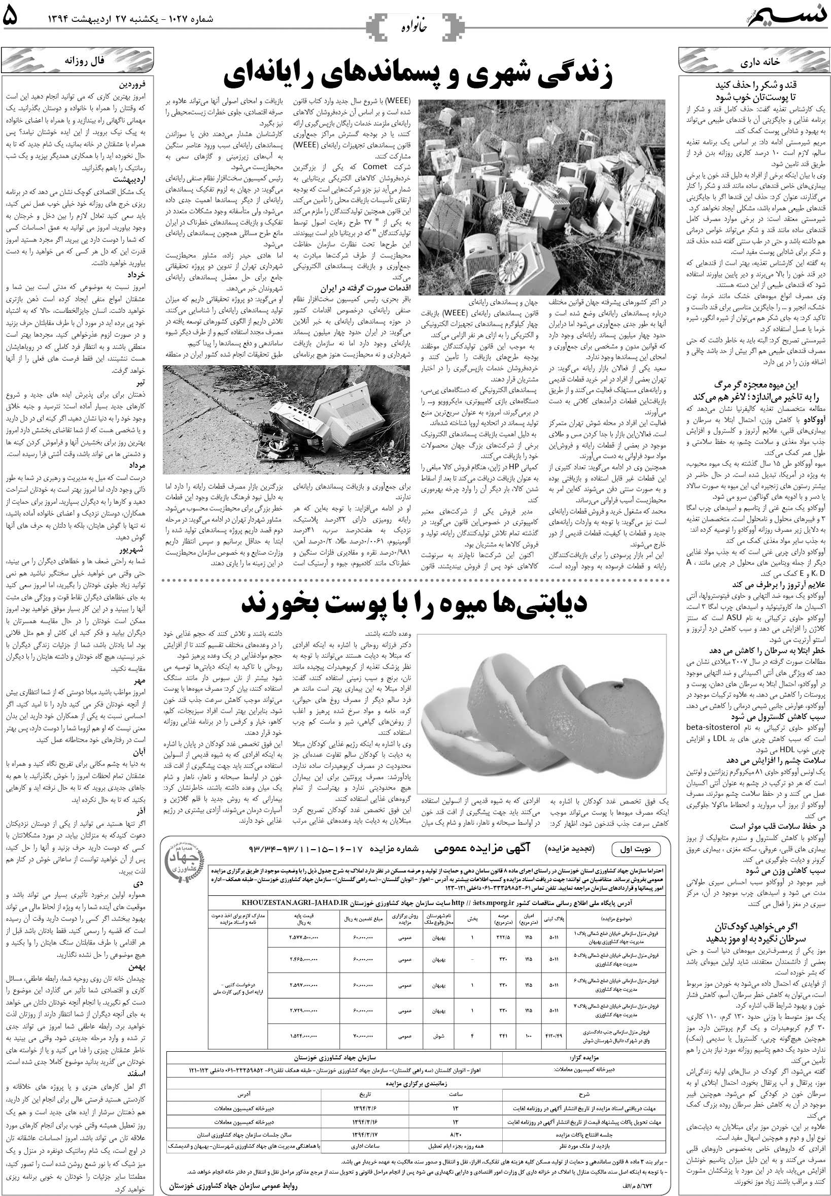 صفحه خانواده روزنامه نسیم شماره 1027