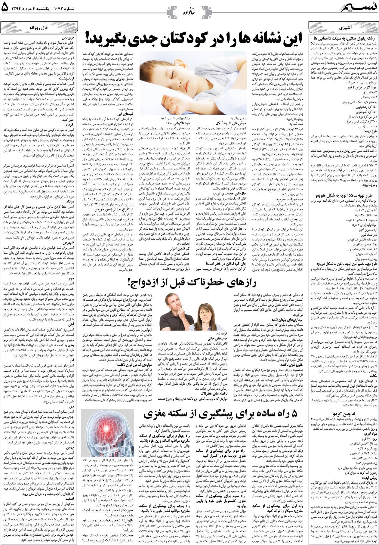 صفحه خانواده روزنامه نسیم شماره 1072