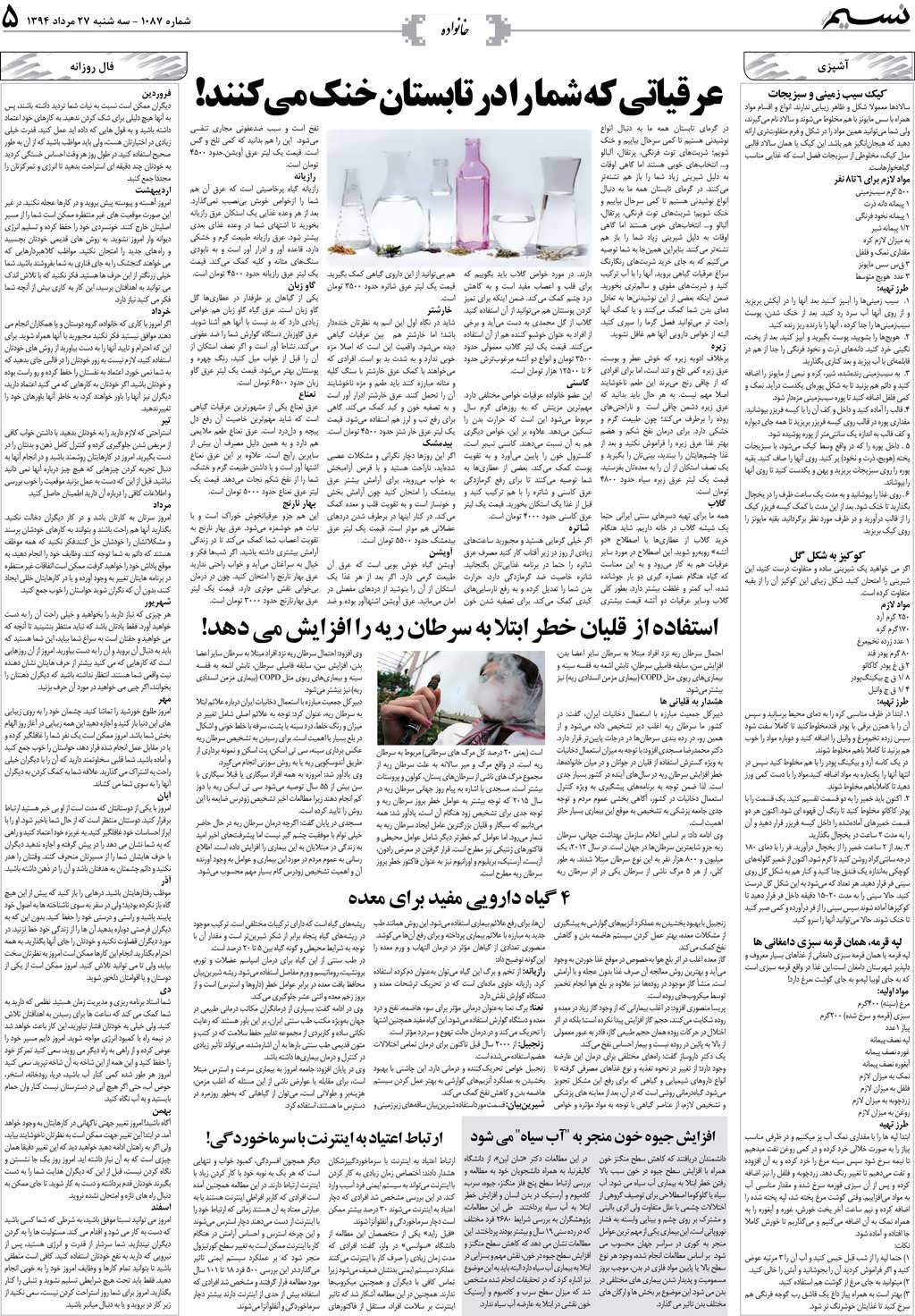 صفحه خانواده روزنامه نسیم شماره 1087
