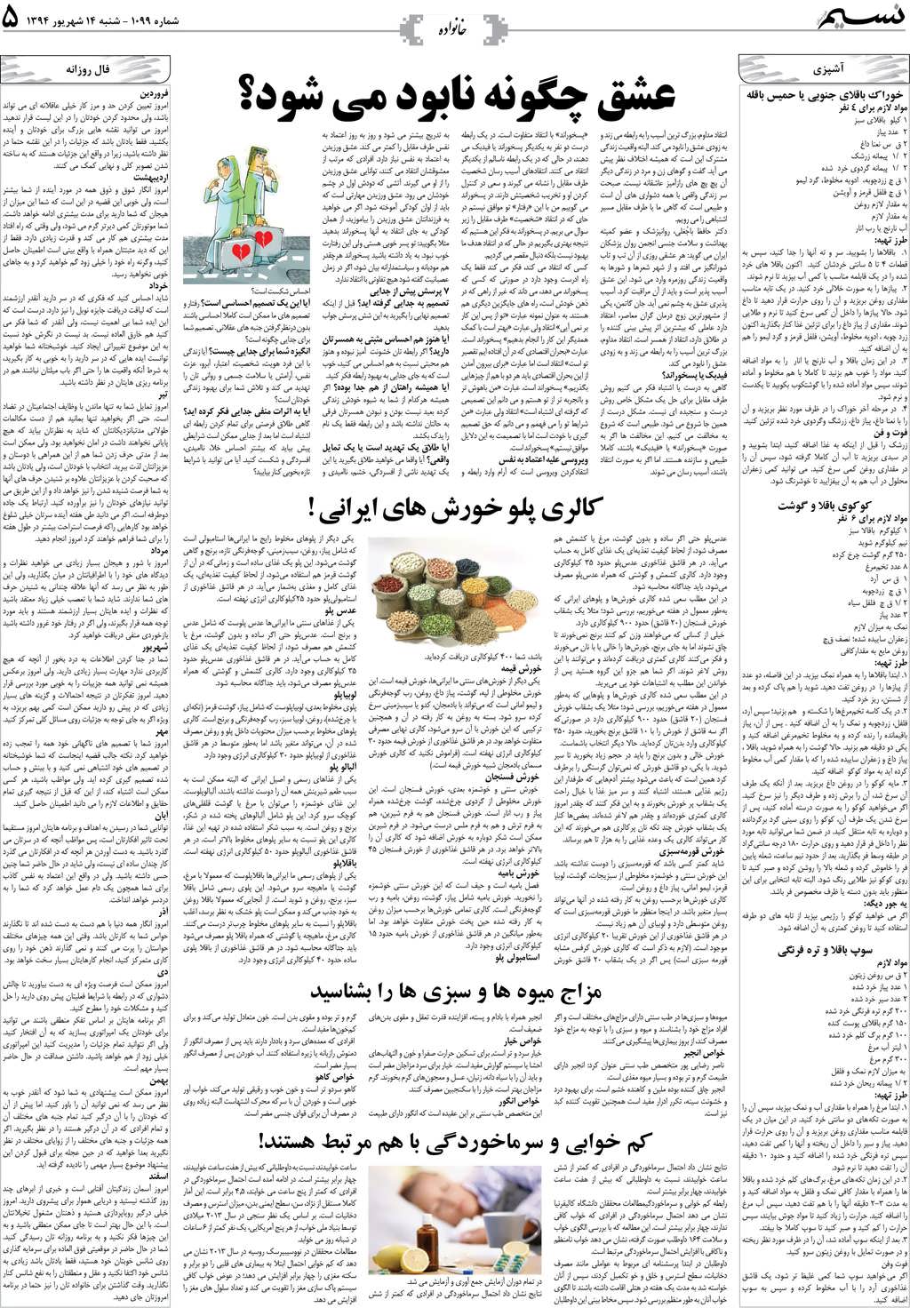 صفحه خانواده روزنامه نسیم شماره 1099