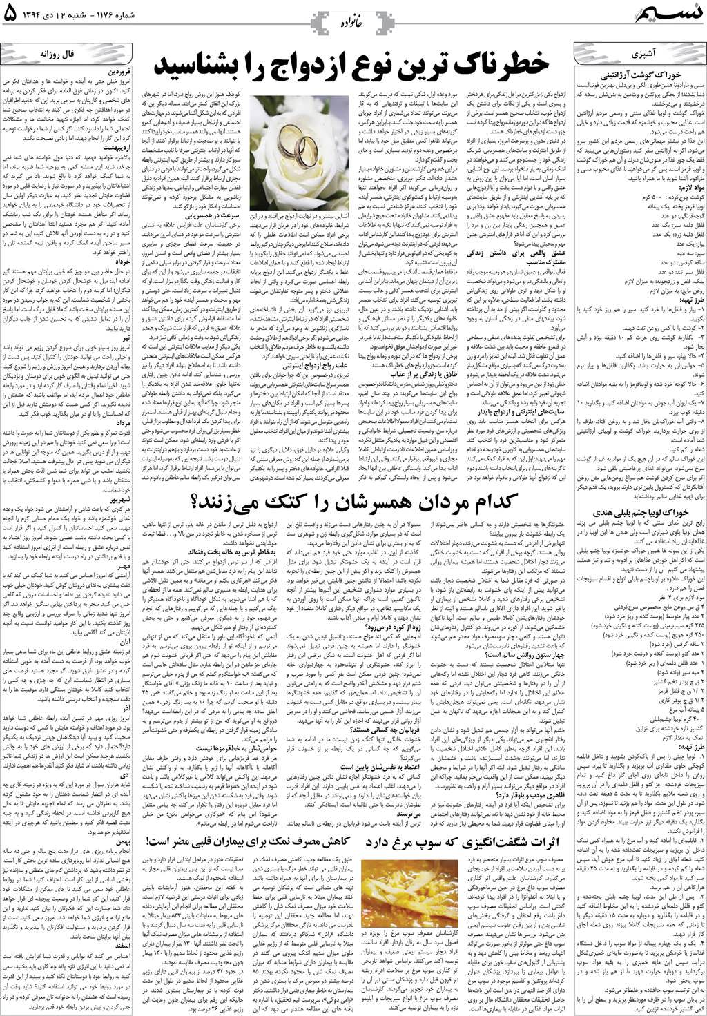 صفحه خانواده روزنامه نسیم شماره 1176