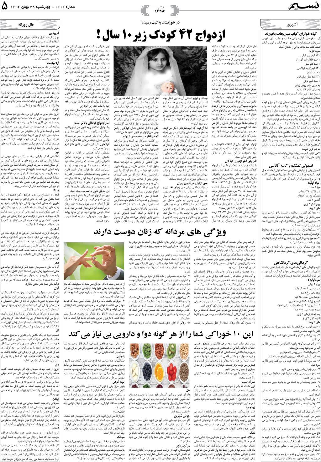 صفحه خانواده روزنامه نسیم شماره 1210