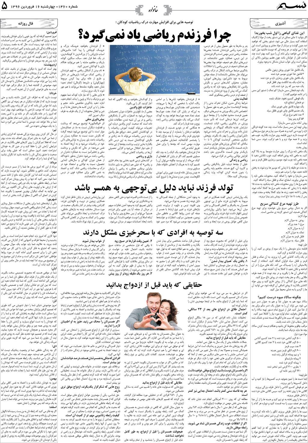 صفحه خانواده روزنامه نسیم شماره 1460