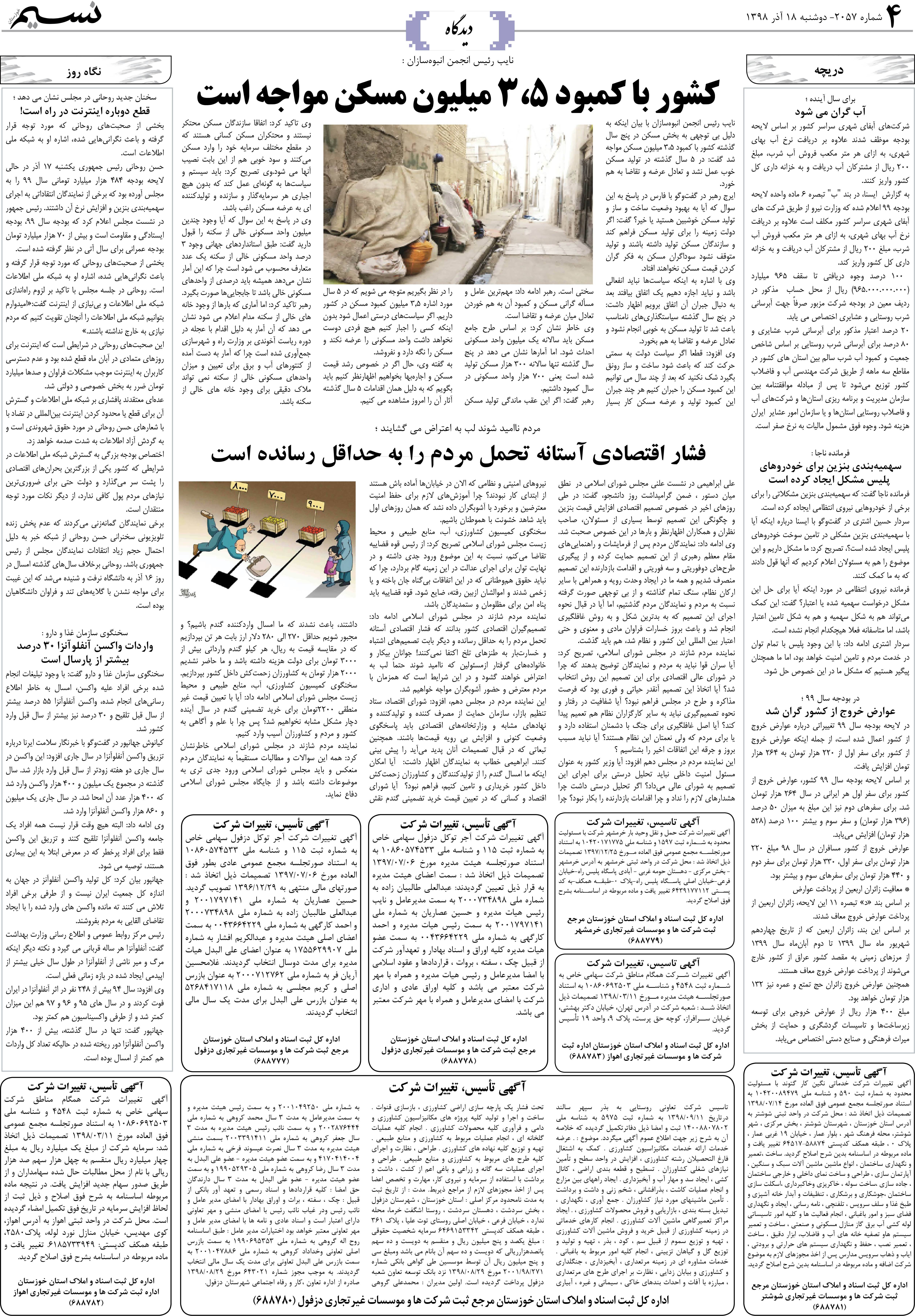 صفحه دیدگاه روزنامه نسیم شماره 2057
