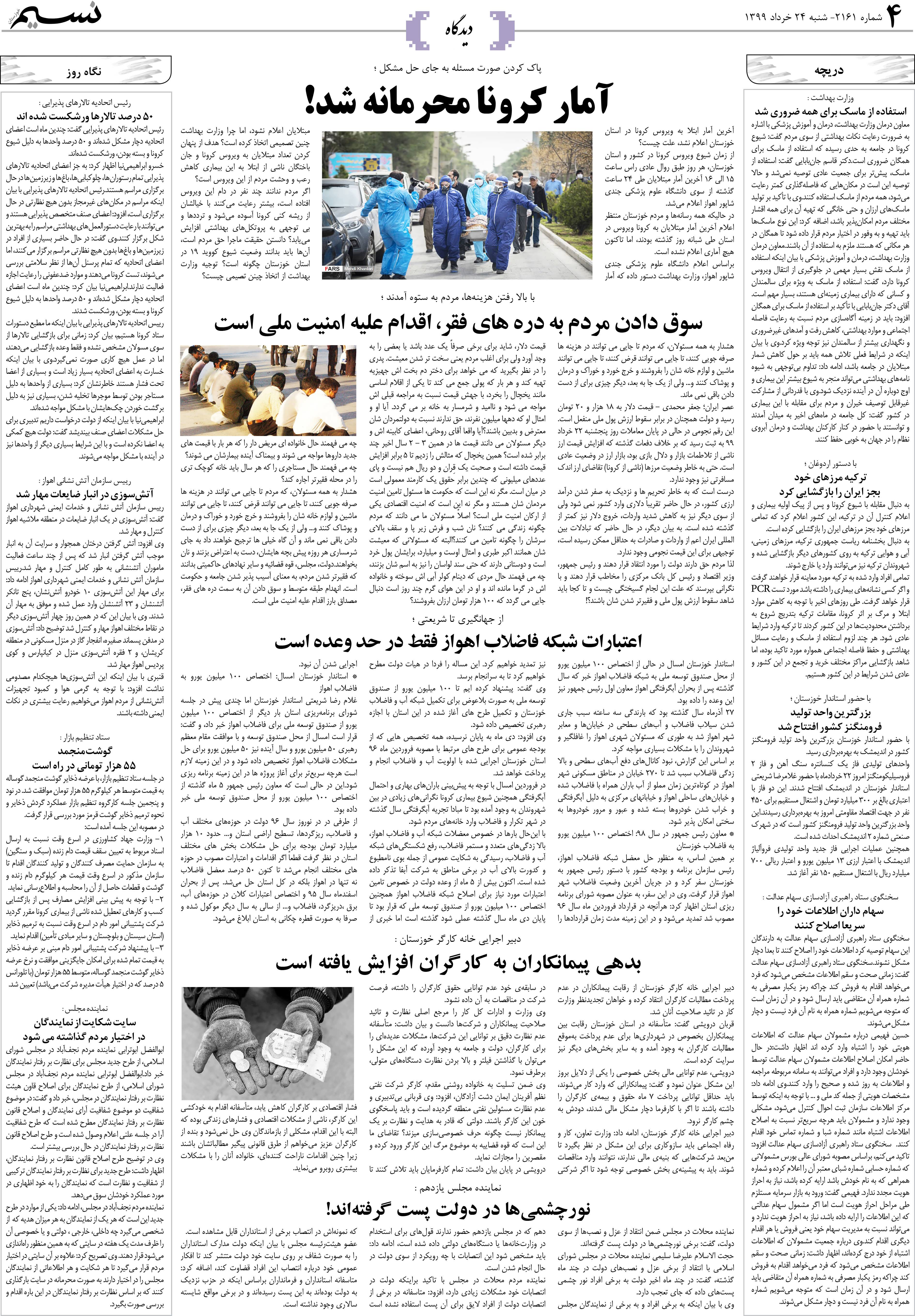 صفحه دیدگاه روزنامه نسیم شماره 2161