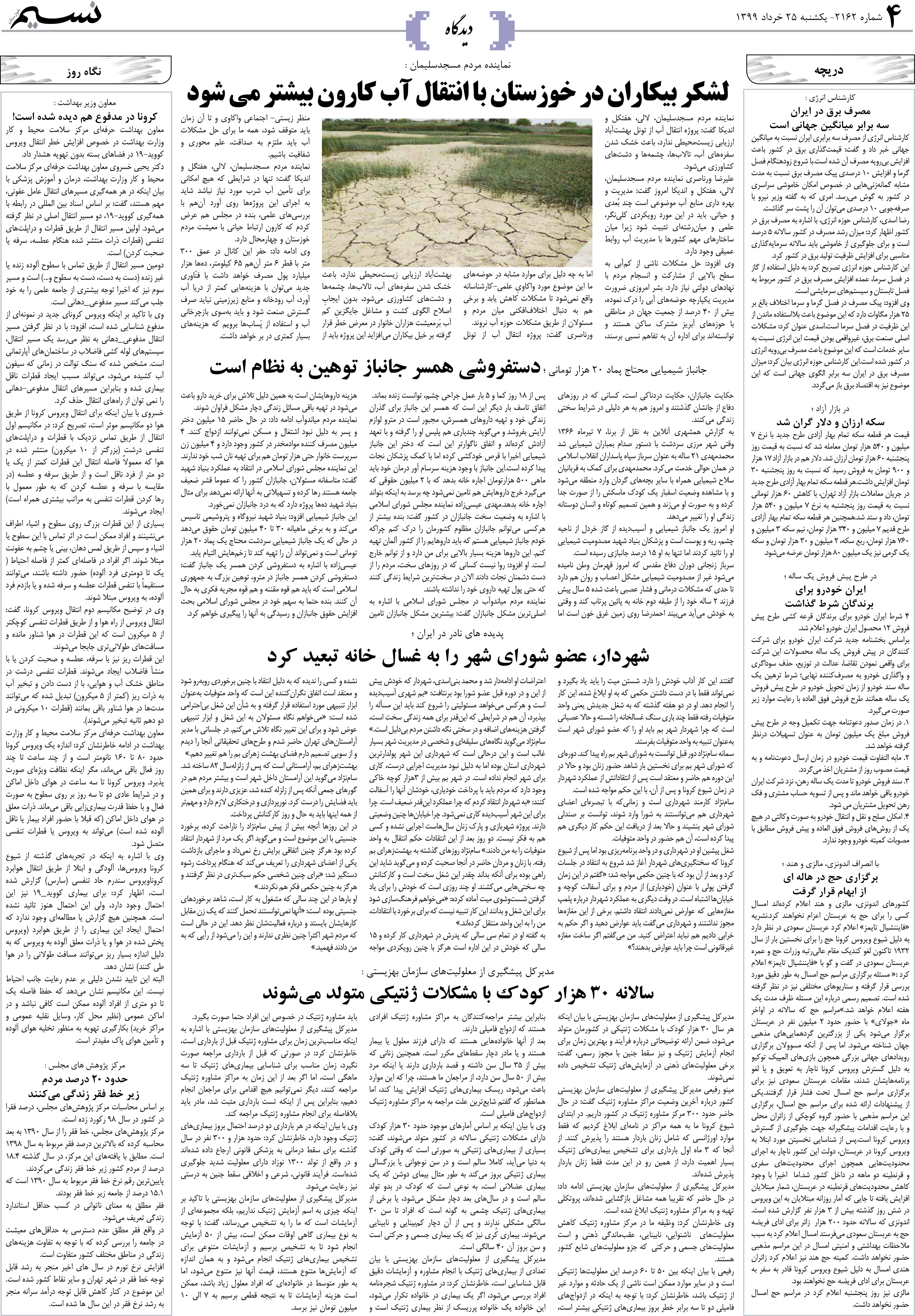 صفحه دیدگاه روزنامه نسیم شماره 2162