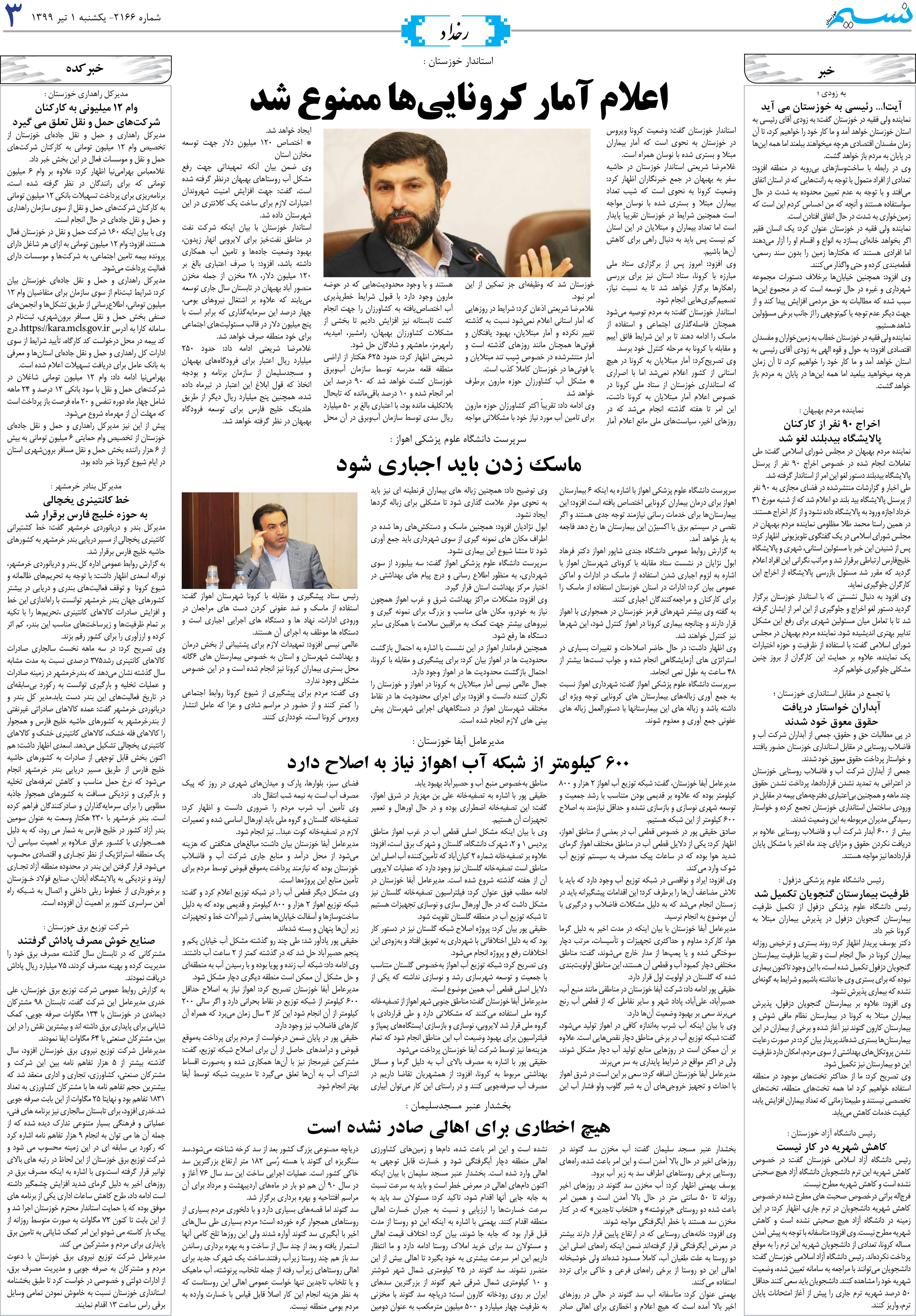 صفحه رخداد روزنامه نسیم شماره 2166