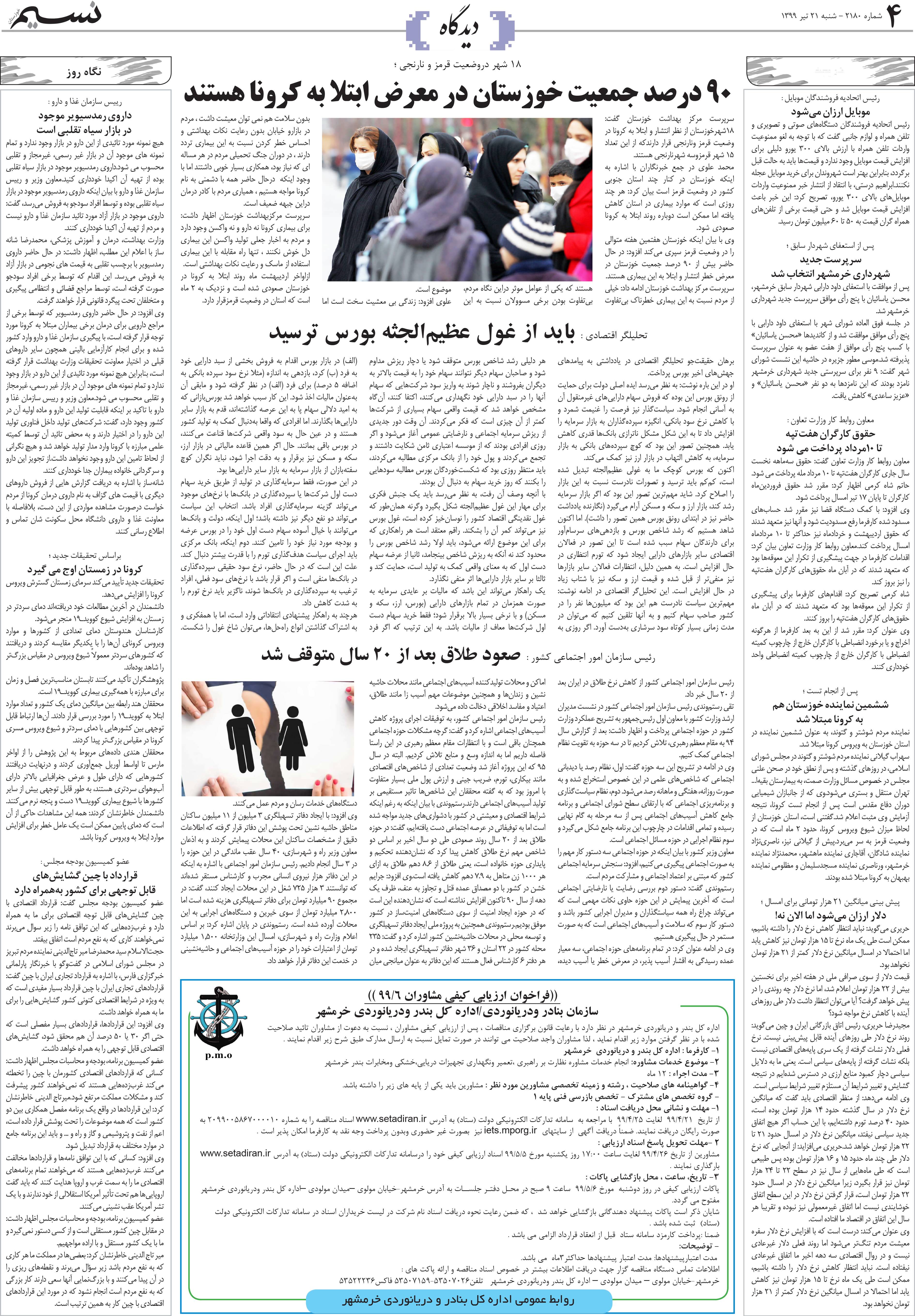 صفحه دیدگاه روزنامه نسیم شماره 2180