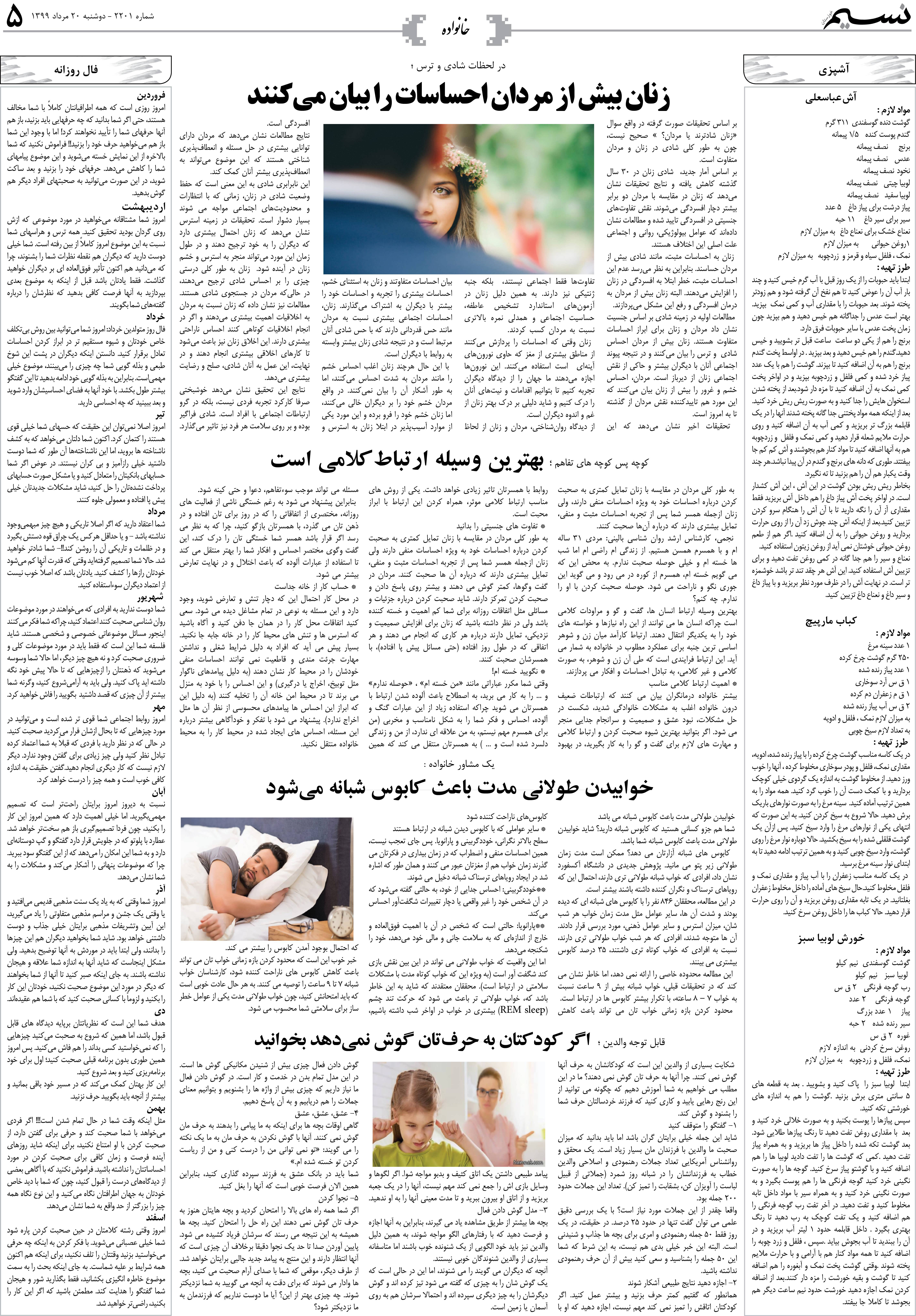 صفحه خانواده روزنامه نسیم شماره 2201