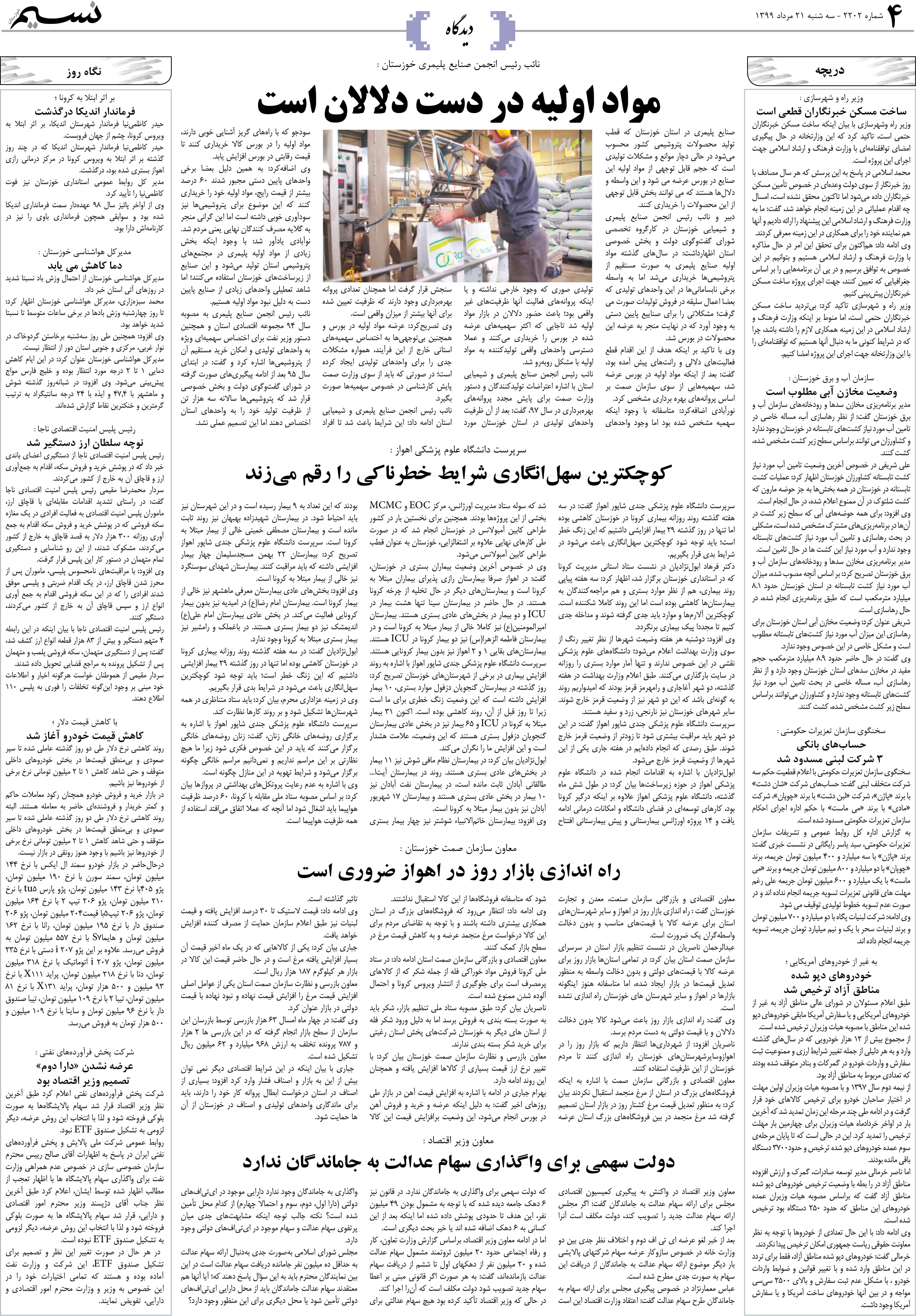 صفحه دیدگاه روزنامه نسیم شماره 2202