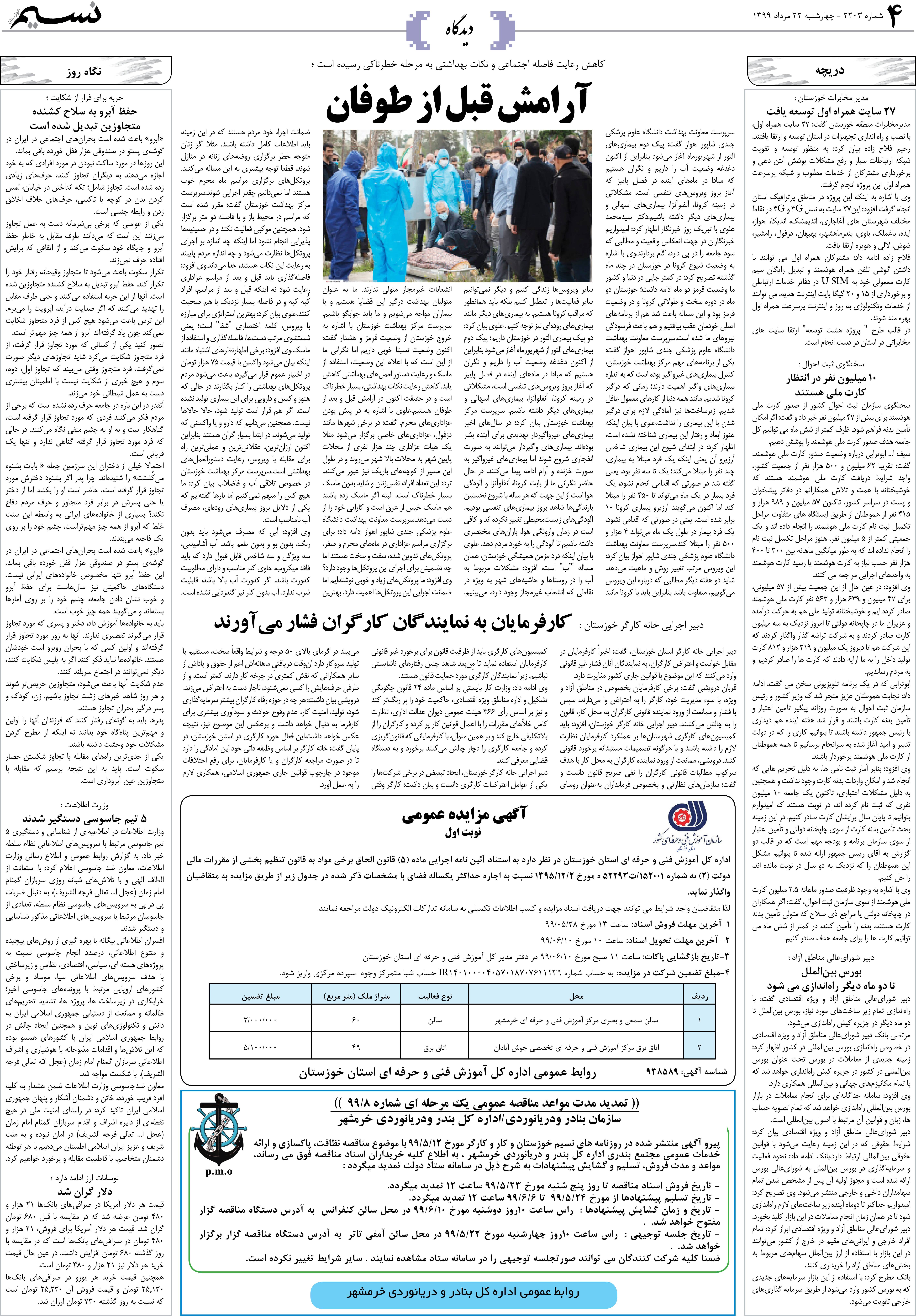 صفحه دیدگاه روزنامه نسیم شماره 2203