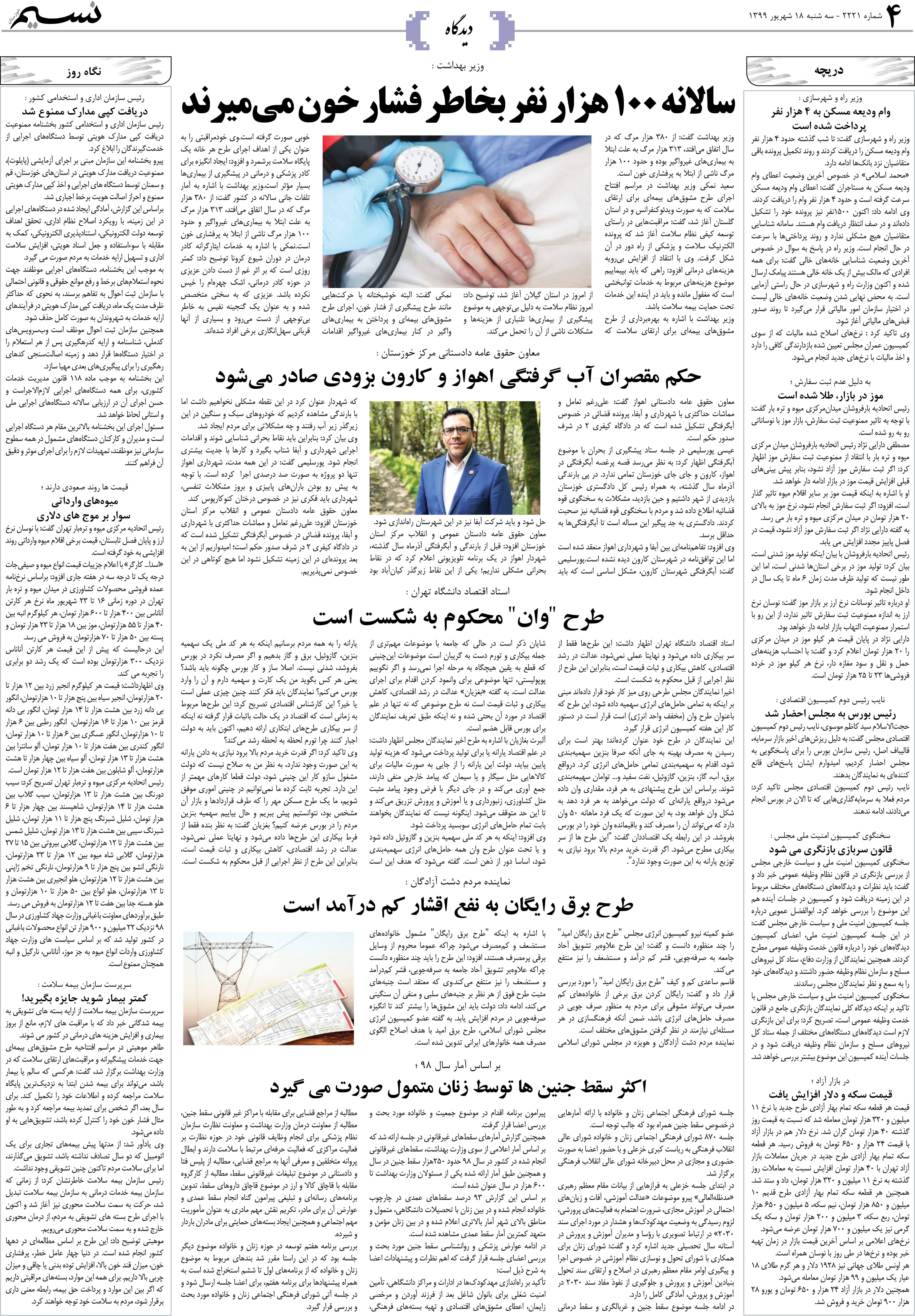 صفحه دیدگاه روزنامه نسیم شماره 2221