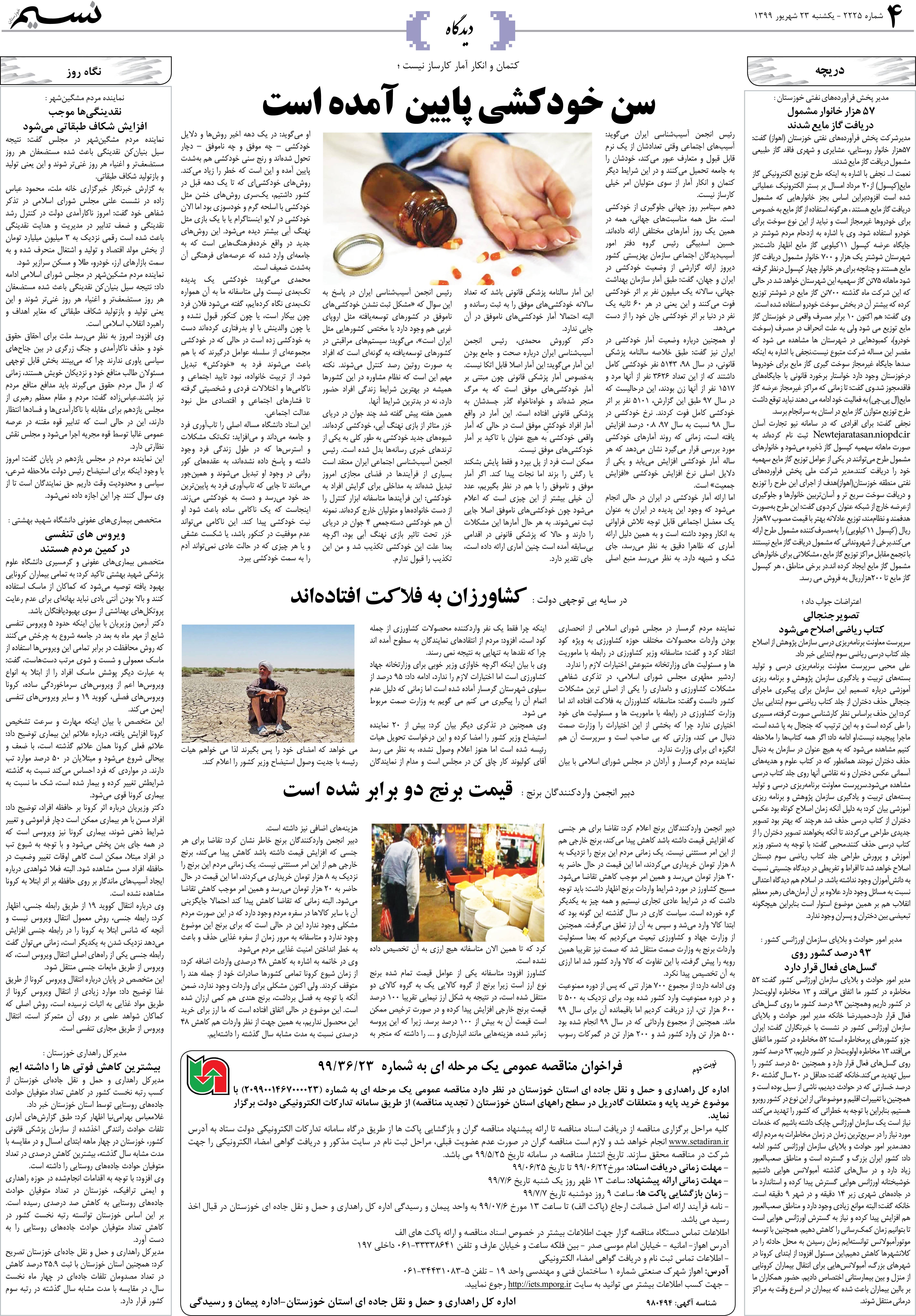صفحه دیدگاه روزنامه نسیم شماره 2225