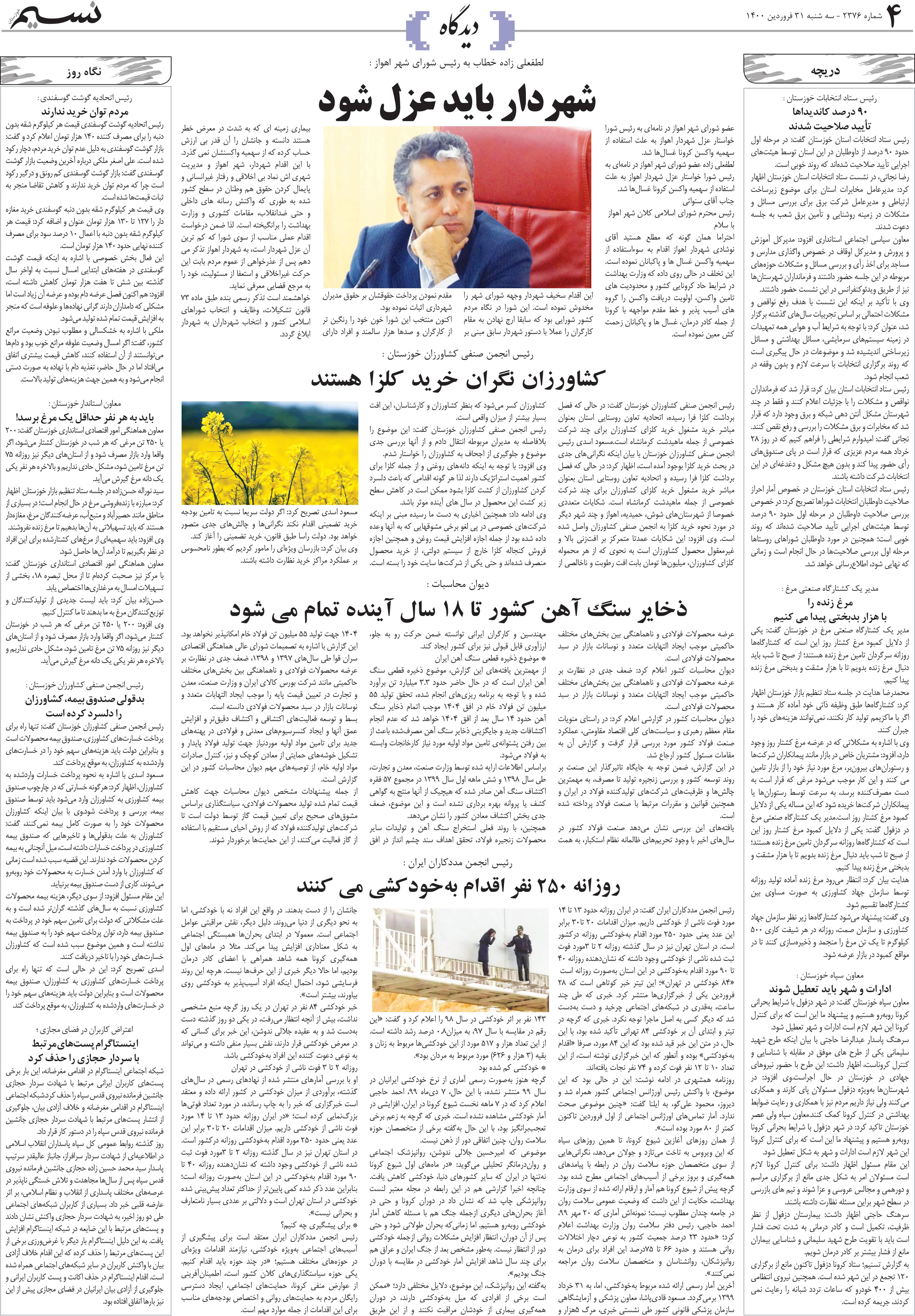 صفحه دیدگاه روزنامه نسیم شماره 2376