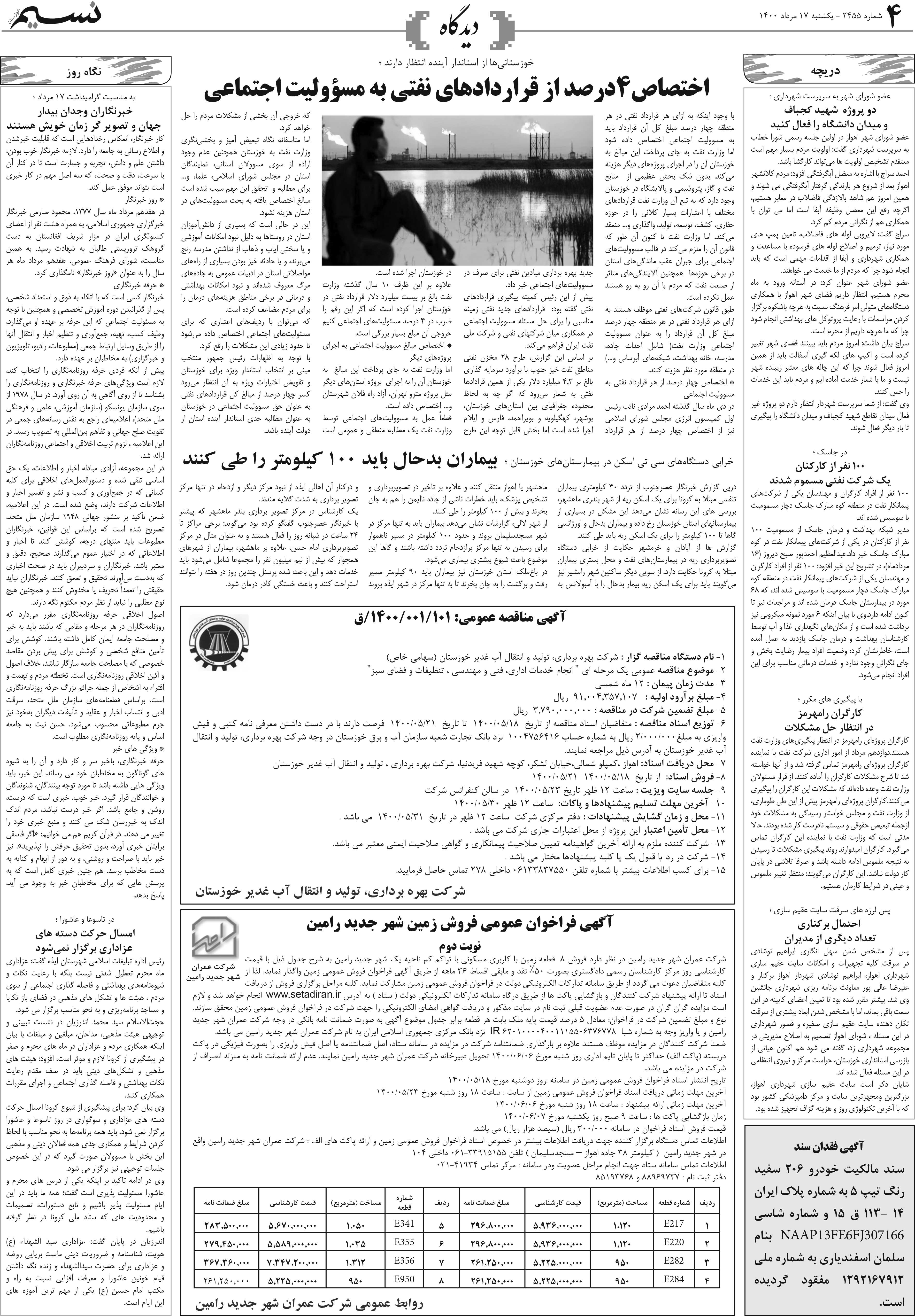 صفحه دیدگاه روزنامه نسیم شماره 2455