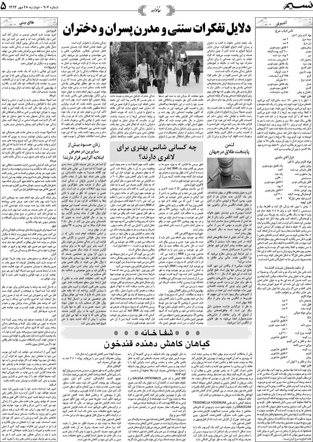 صفحه خانواده روزنامه نسیم شماره 907