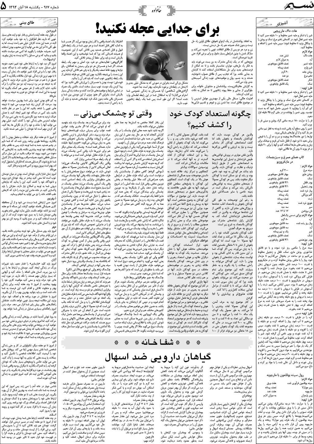 صفحه خانواده روزنامه نسیم شماره 917