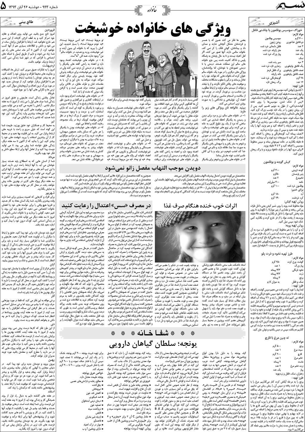 صفحه خانواده روزنامه نسیم شماره 923