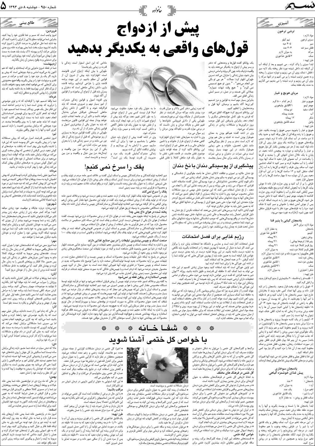 صفحه خانواده روزنامه نسیم شماره 950
