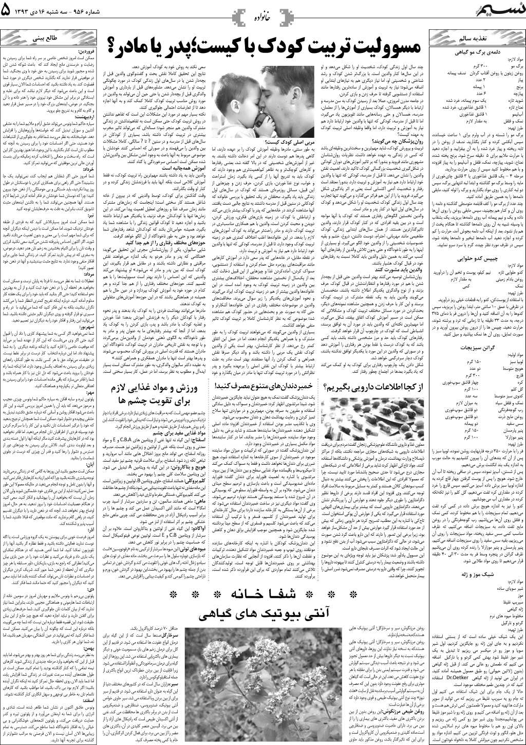 صفحه خانواده روزنامه نسیم شماره 956