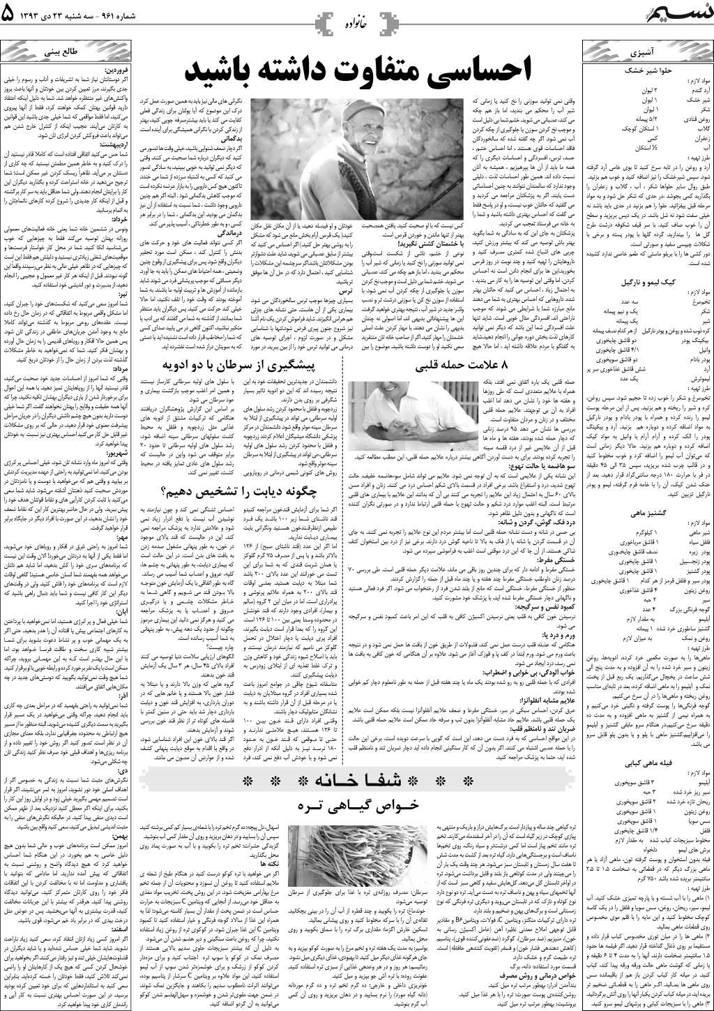 صفحه خانواده روزنامه نسیم شماره 961