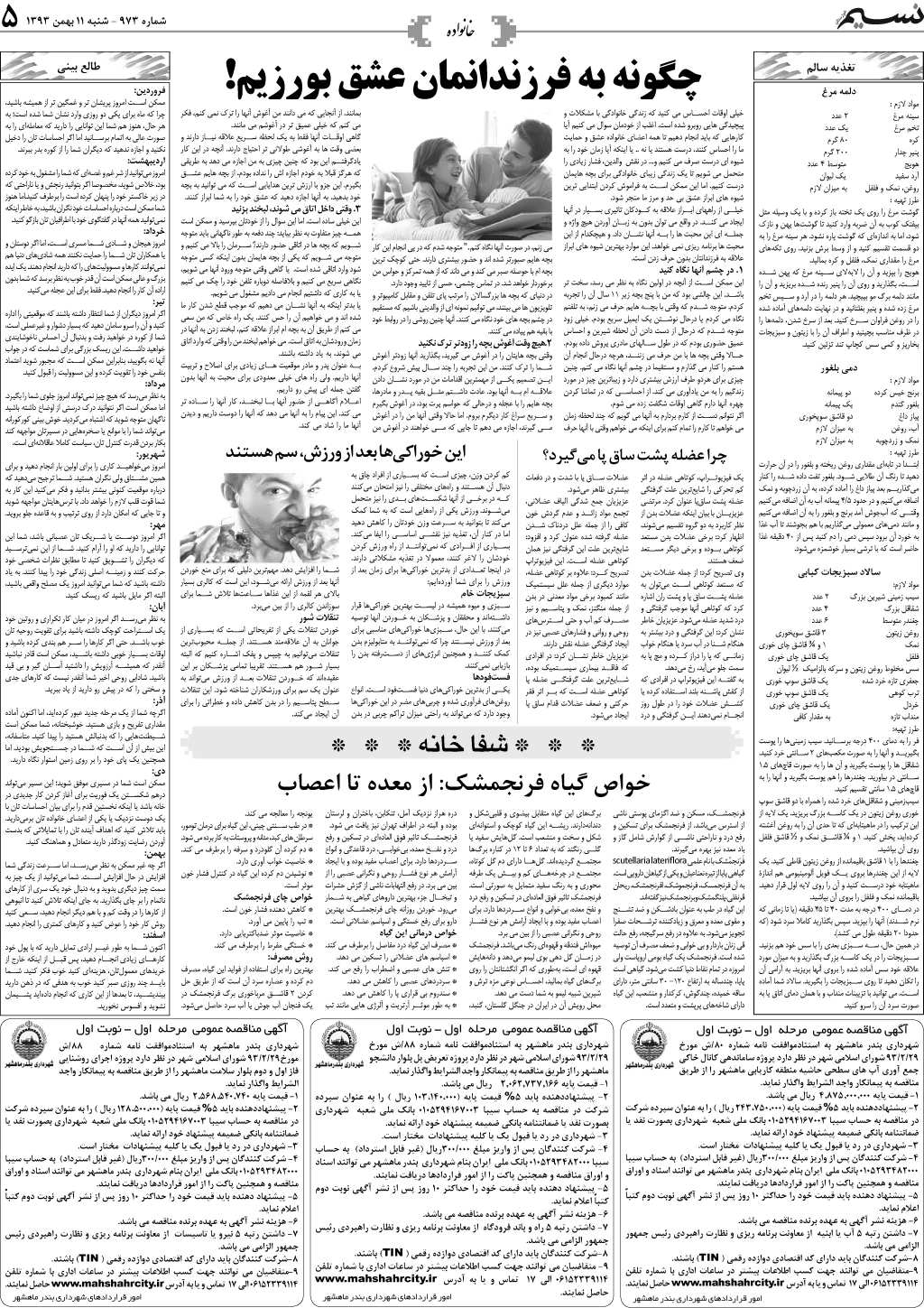 صفحه خانواده روزنامه نسیم شماره 973