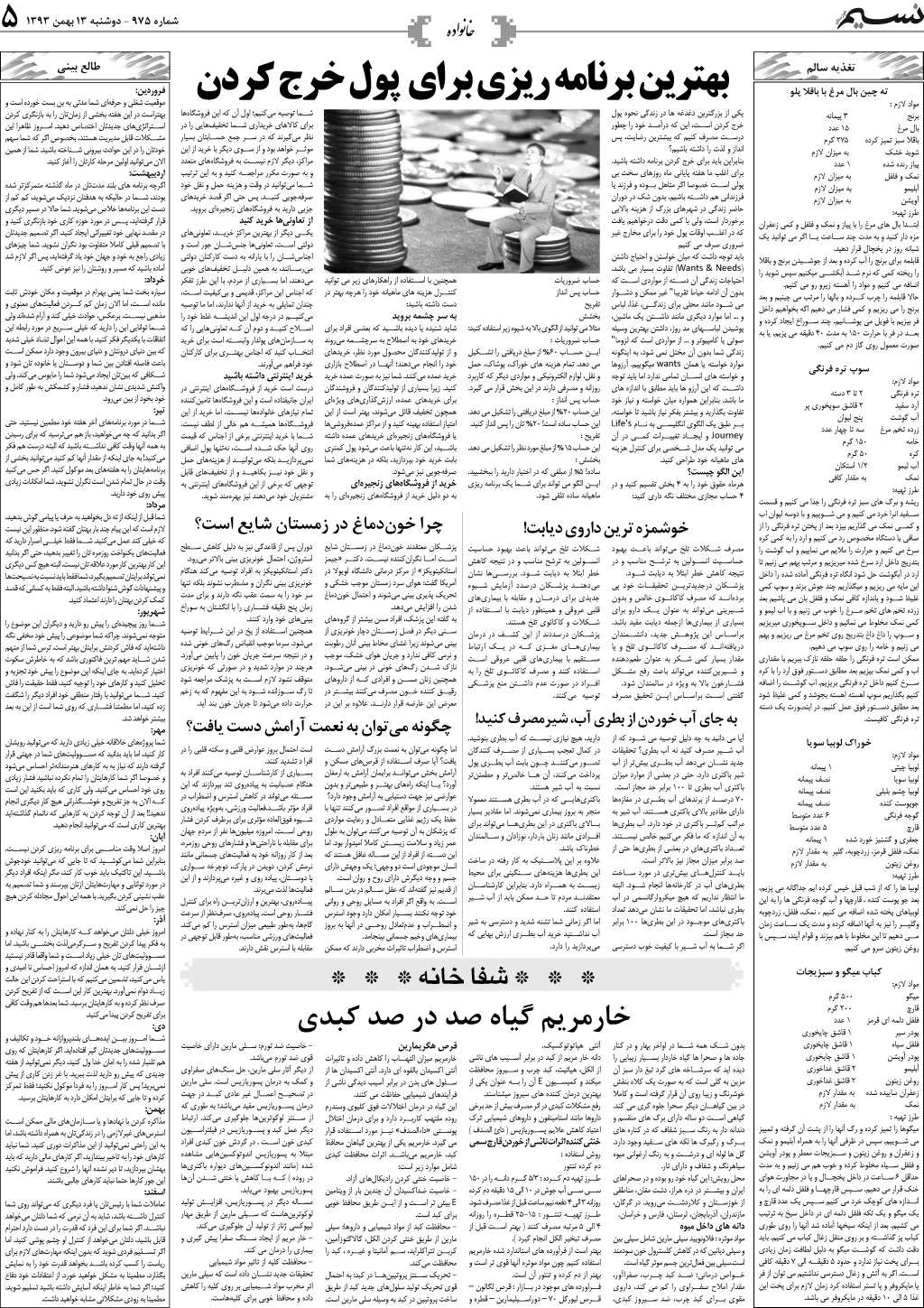 صفحه خانواده روزنامه نسیم شماره 975
