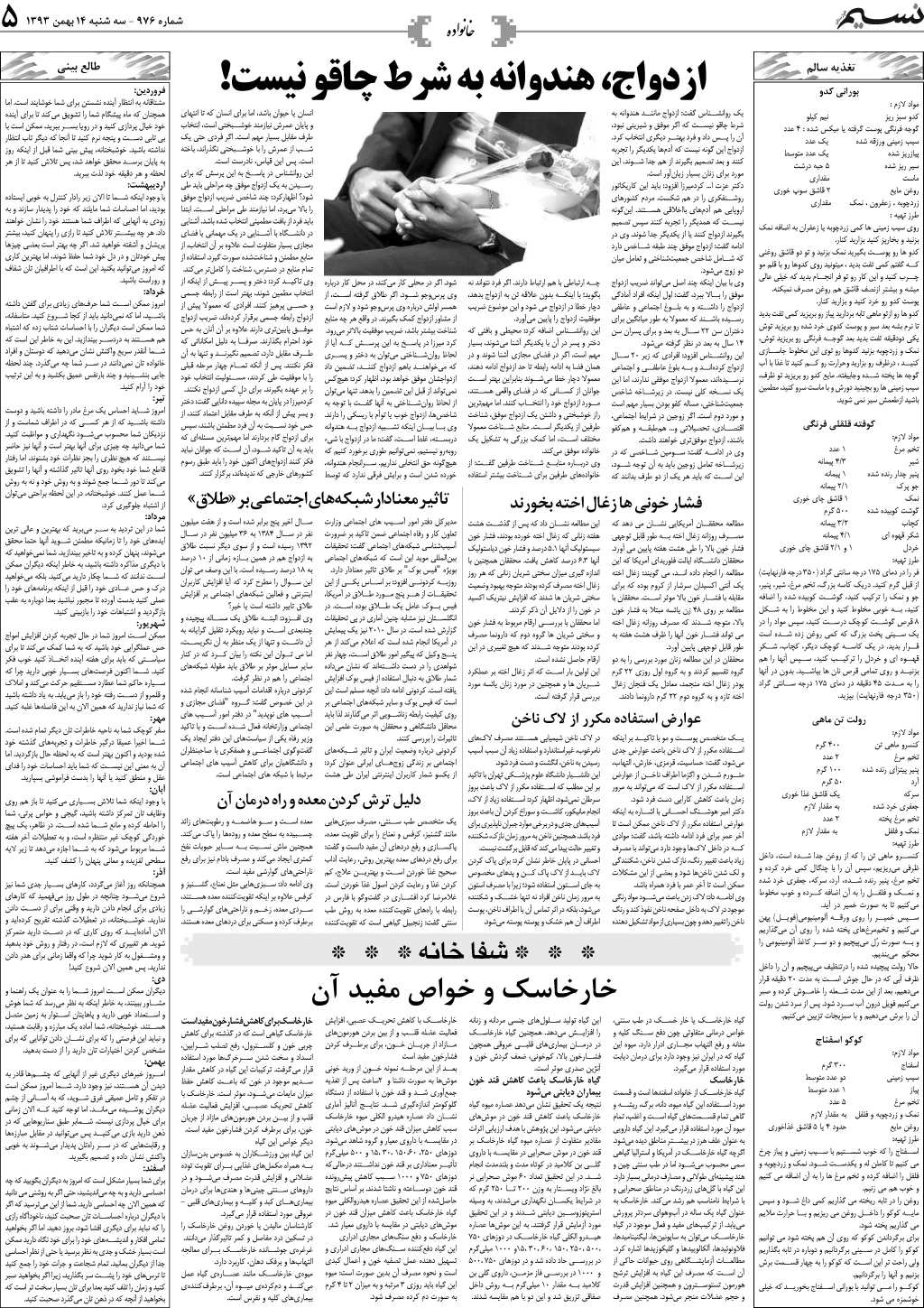 صفحه خانواده روزنامه نسیم شماره 976