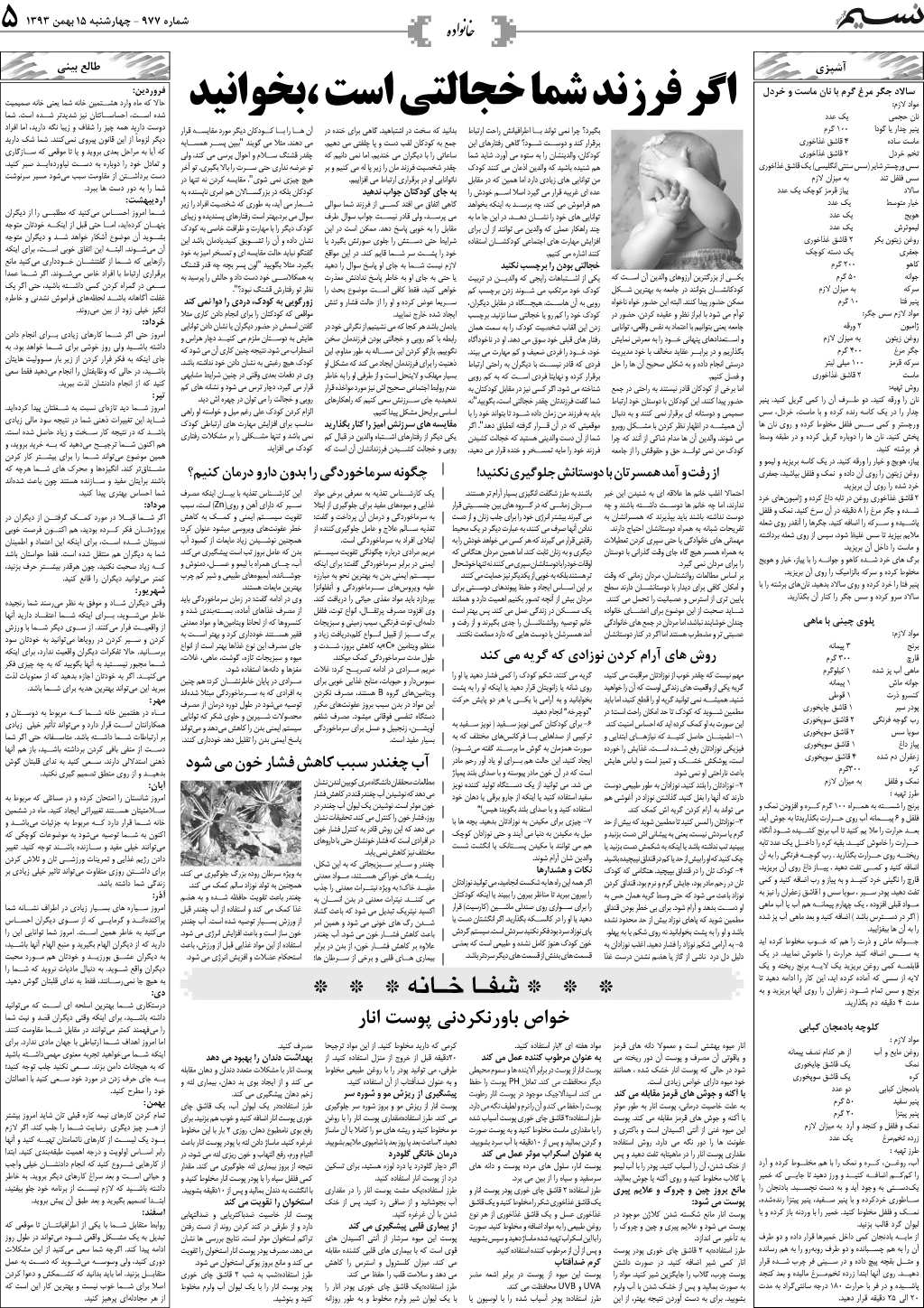 صفحه خانواده روزنامه نسیم شماره 977