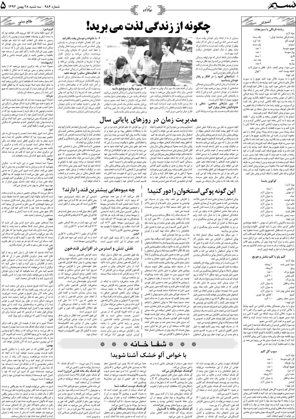 صفحه خانواده روزنامه نسیم شماره 984