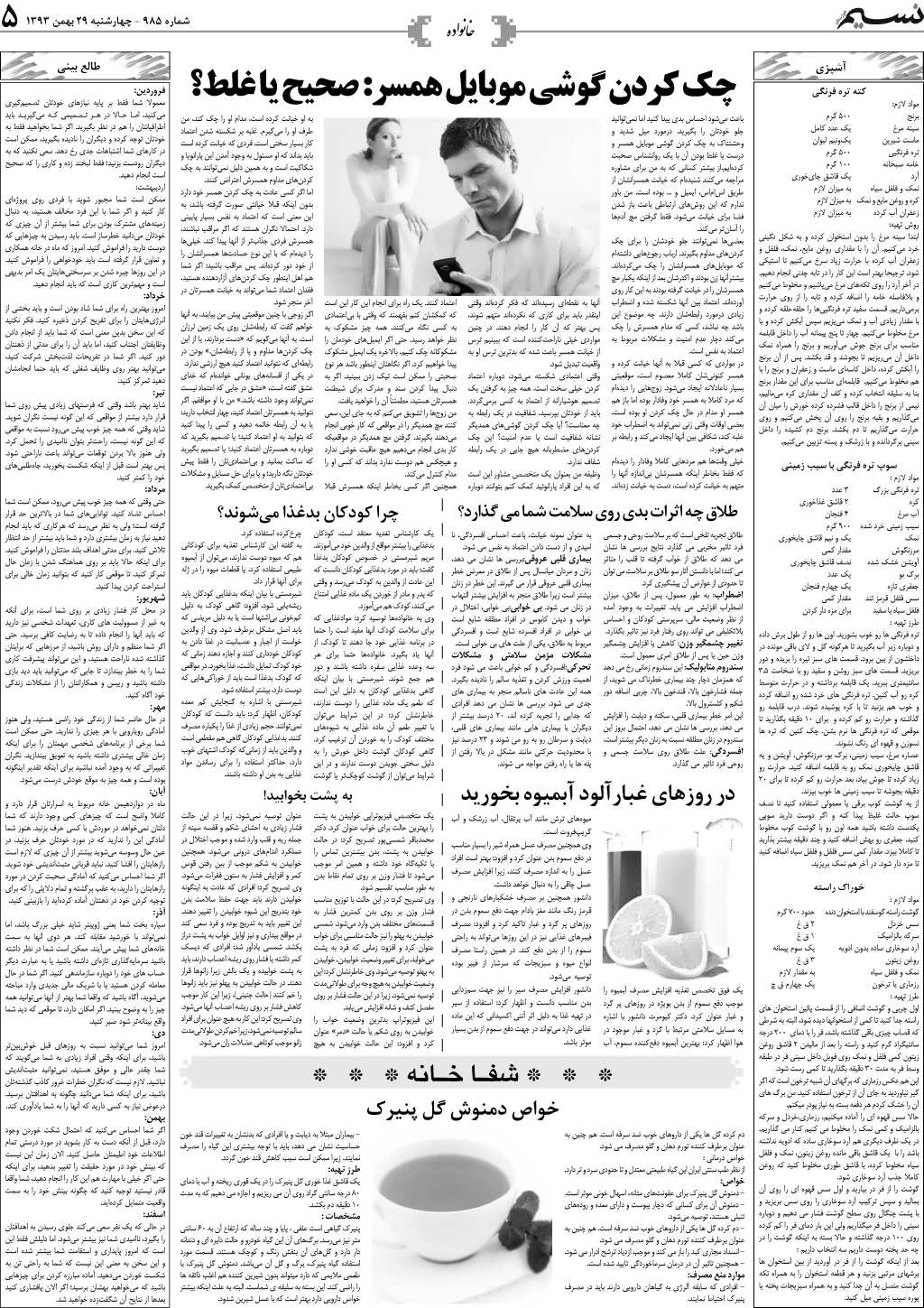 صفحه خانواده روزنامه نسیم شماره 985